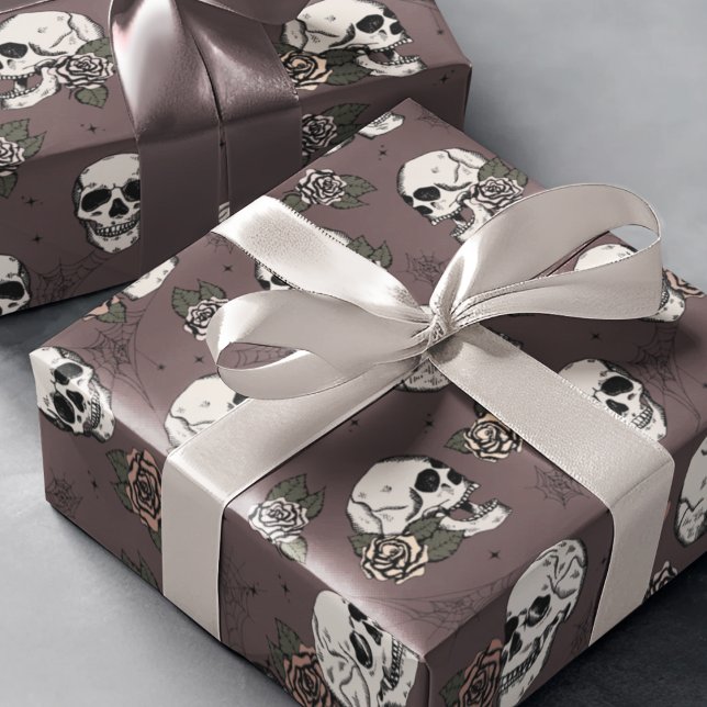 Goth Maroon Purple Skull and Flowers Halloween Wrapping Paper (Gothic Floral Skulls Pattern Wrapping Paper. Hand-Drawn Skulls, Roses & Webs on Dark Plum Background)