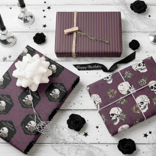 Goth Maroon Purple Skulls and Stripes Halloween  Wrapping Paper Sheet