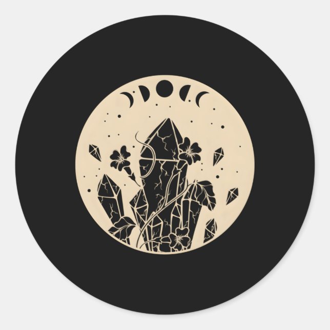 Goth Moon Phases Celestial Crystals And Flowers Classic Round Sticker (Front)