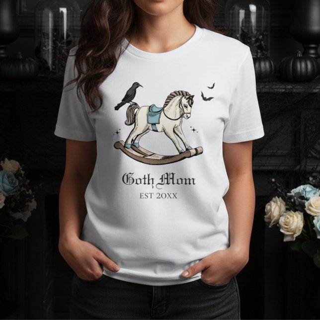 Goth Mum Blue Victorian Rocking Horse Tri-Blend Shirt (Goth Mom T-Shirt for Gothic Mother to Be. Victorian Rocking Horse, Black Raven, Bats for Halloween )
