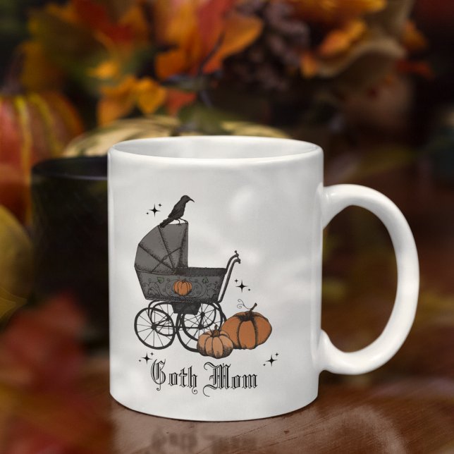 Goth Mum Halloween Baby Carriage Raven Coffee Mug (Goth MomFall Baby Shower Mug. Elegant Vintage Stroller, Burnt Orange Autumn Pumpkins & Black Crow.)