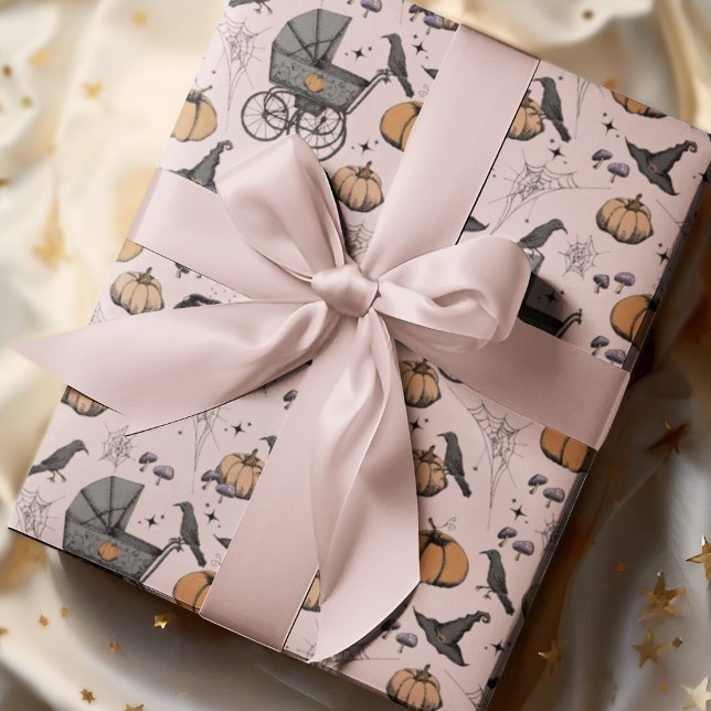 Goth Pink Baby Carriage Halloween Wrapping Paper (Hand-Drawn Victorian Baby Carriages, Pumpkins, Witch Hats, Crows, Spiderwebs and Tiny Mushrooms.)