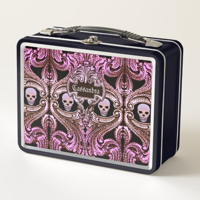 Goth Pink Ornament with Skull Personalised Metal Lunch Box (Front)