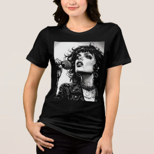 Goth Punk Girl Singer 50s Graphic Retro Comics BW Tri-Blend Shirt
