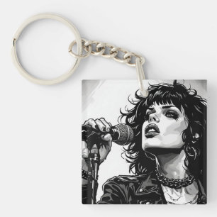 Goth Punk Girl Singer Retro Graphic Art Style Key Ring