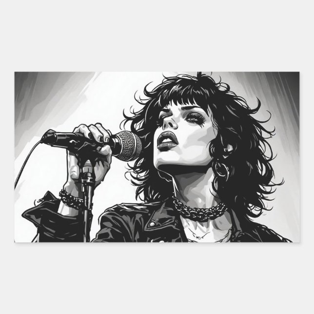 Goth Punk Girl Singer Retro Graphic Art Style Rectangular Sticker (Front)