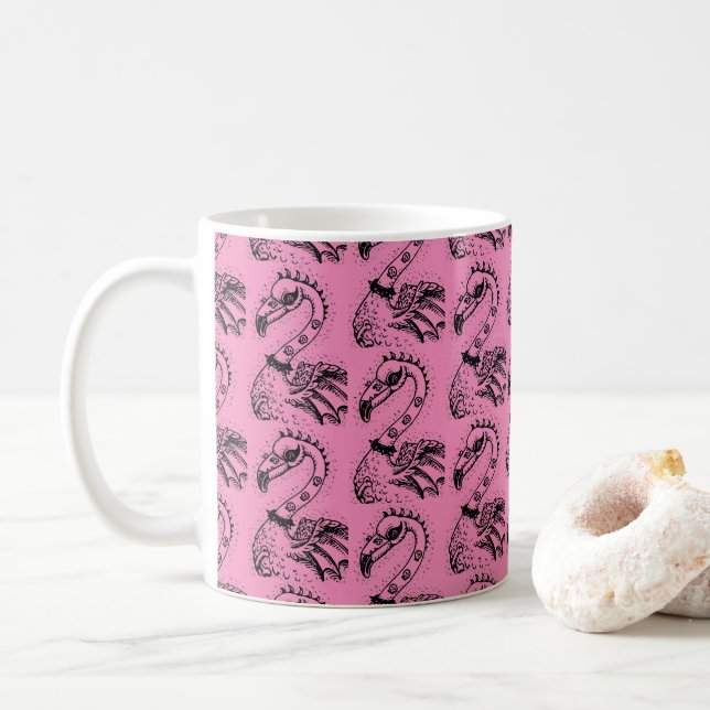 GOTH PUNK ROCKER FLAMINGO, SKULLS, SPIKED HAIR COFFEE MUG (With Donut)