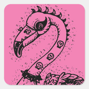 GOTH PUNK ROCKER FLAMINGO, SKULLS, SPIKED HAIR SQUARE STICKER