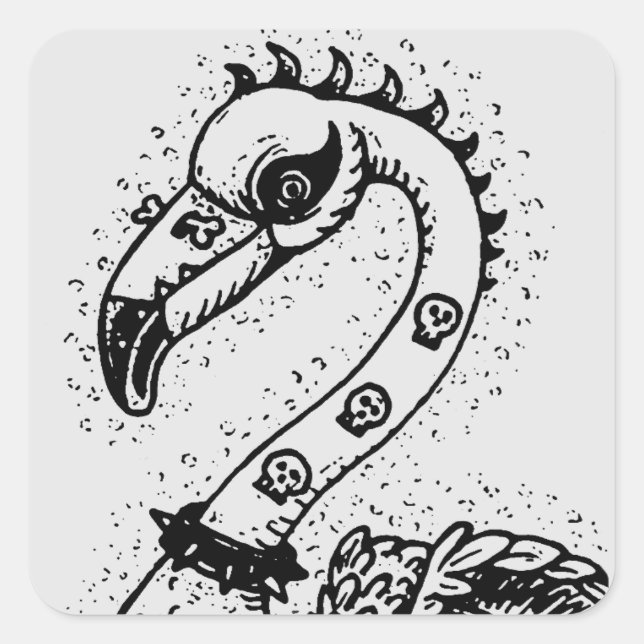 GOTH PUNK ROCKER FLAMINGO, SKULLS, SPIKED HAIR SQUARE STICKER (Front)