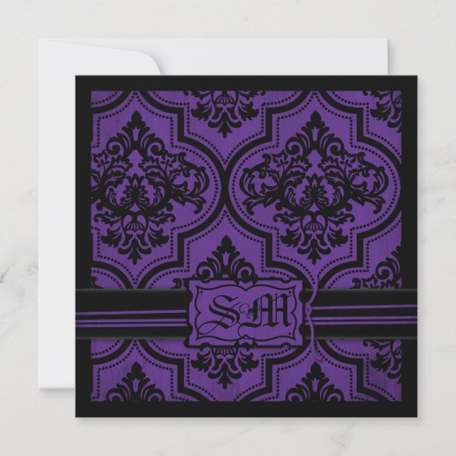 Goth Purple Black Damask Wedding Invitations (Front)