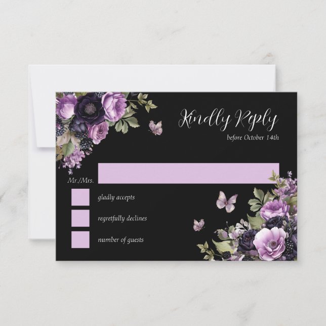 Goth Purple & Black Moody Florals Quinceañera RSVP Invitation (Front)