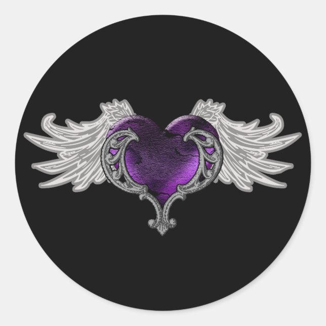 Goth Purple Heart with Angel Wings Classic Round Sticker (Front)