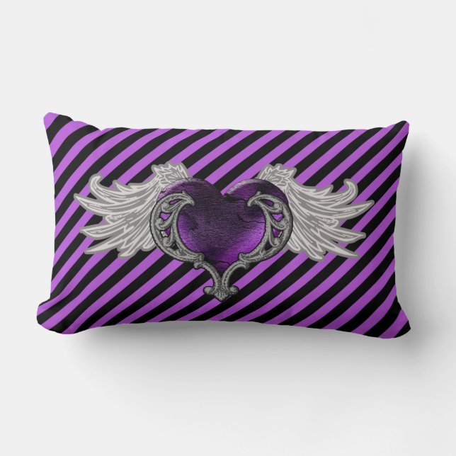 Goth Purple Heart with Angel Wings Throw Pillow (Front)