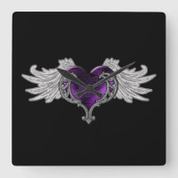 Goth Purple Heart with Angel Wings Wall Clock