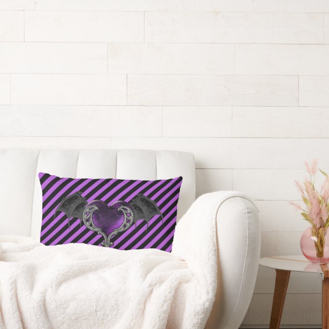 Goth Purple Heart with Bat Wings Throw Pillow (Couch)