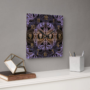 Goth Purple Ornament and Skull Square Wall Clock