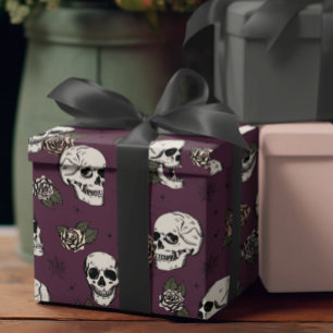 Goth Purple Skull and Flowers Halloween Wrapping Paper