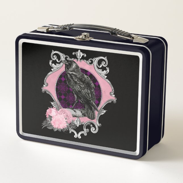 Goth Raven Rose Frame Metal Lunch Box (Front)