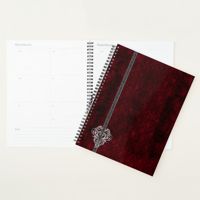 Goth Red Damask Silver Heart Planner (Display)