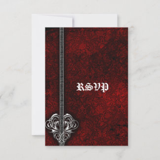 Goth Red Damask Silver Heart wedding RSVP Custom Card