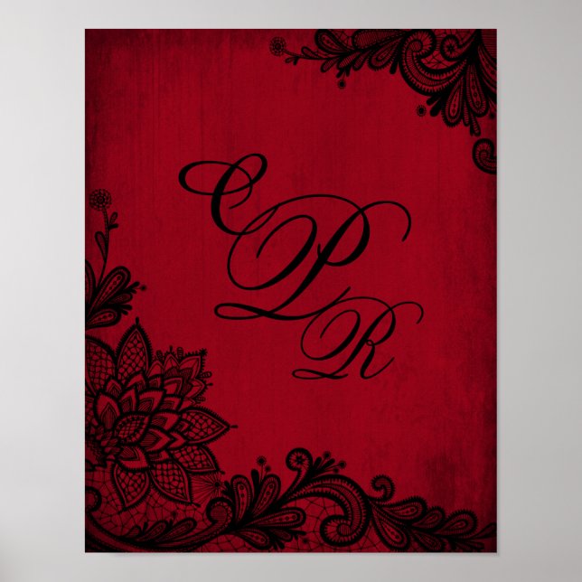 Goth Red Grunge Black Lace Wedding Monogram Poster (Front)
