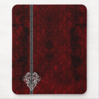 Goth Red Silver Heart Damask Mouse Pad