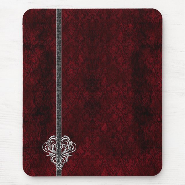 Goth Red Silver Heart Damask Mouse Pad (Front)