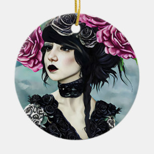 Goth Rose Girl Original art Digital painting Ceramic Tree Decoration