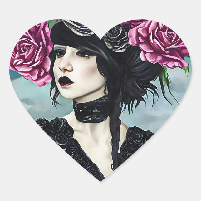 Goth Rose Girl Original art Digital painting Heart Sticker (Front)