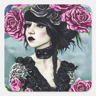 Goth Rose Girl Original art Digital painting Square Sticker