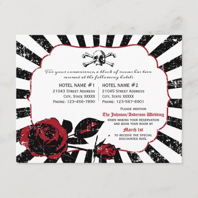 Goth Rose Skull Grunge Pirate Wedding Details Card (Front)