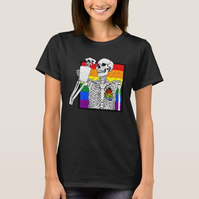Goth Skeleton Coffee Gay Lesbian Pride Rainbow Hum T-Shirt (Front)