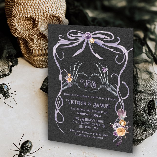 Goth Skeleton heart bow watercolor baby shower Invitation (Creator Uploaded)
