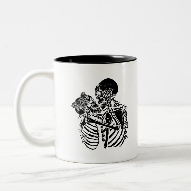 goth skeleton lovers valentines Two-Tone coffee mug (Left)