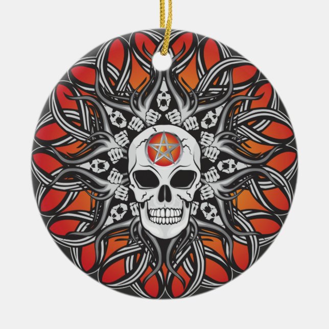 Goth Skull - Orange Ceramic Tree Decoration (Front)