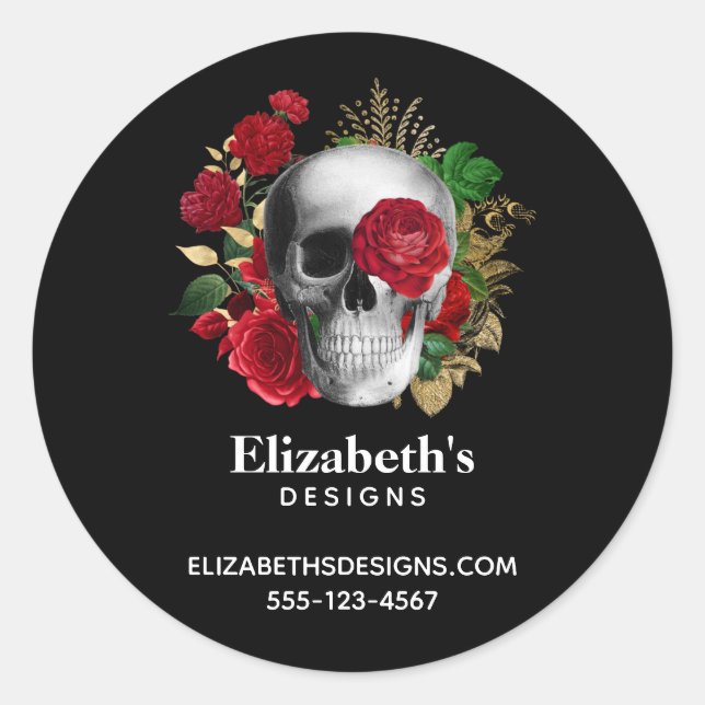 Goth Skull with Red Flowers Business Classic Round Sticker (Front)