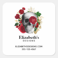 Goth Skull with Red Flowers Business