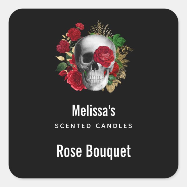 Goth Skull with Red Flowers Candle Biz Square Square Sticker (Front)