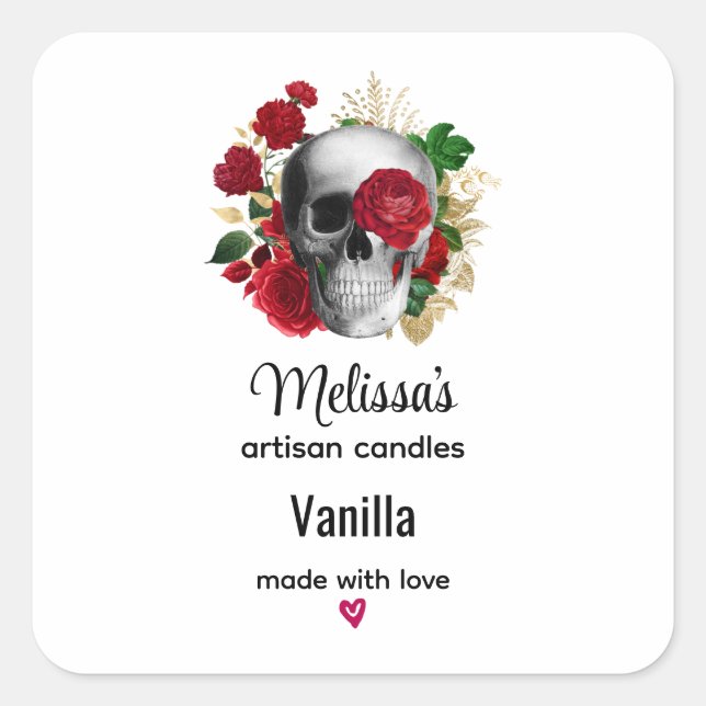 Goth Skull with Red Flowers Candle Business Square Sticker (Front)
