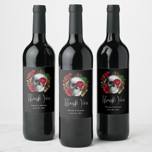 Goth Skull with Red Flowers -  Event Thank You Wine Label (Bottles)