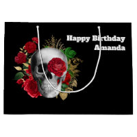 Goth Skull with Red Flowers & Gold Leaves Birthday