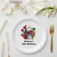 Goth Skull with Red Flowers & Gold Leaves Birthday