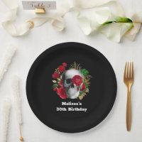 Goth Skull with Red Flowers & Gold Leaves Birthday
