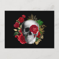 Goth Skull with Red Flowers & Gold Leaves