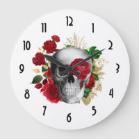 Goth Skull with Red Flowers & Gold Leaves