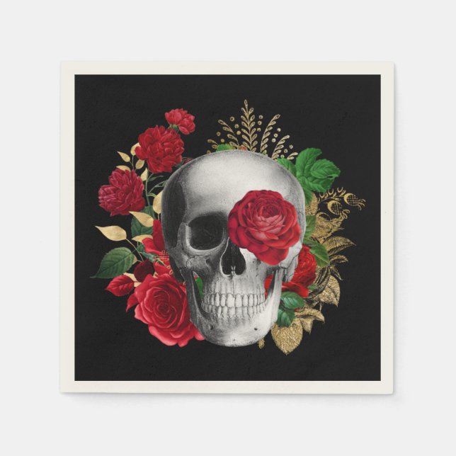 Goth Skull with Red Flowers & Gold Leaves Napkin (Front)