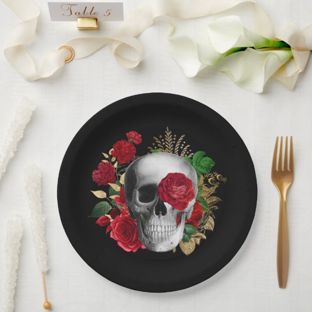 Goth Skull with Red Flowers & Gold Leaves Paper Plate (Wedding)