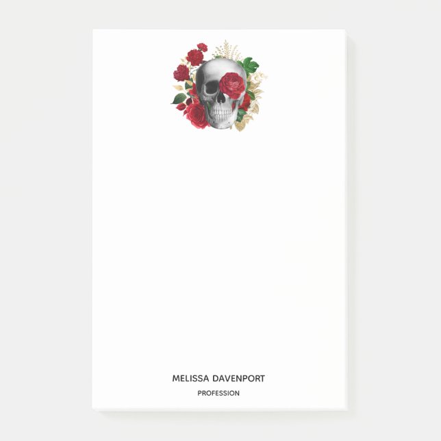 Goth Skull with Red Flowers & Gold Leaves Post-it Notes (Front)