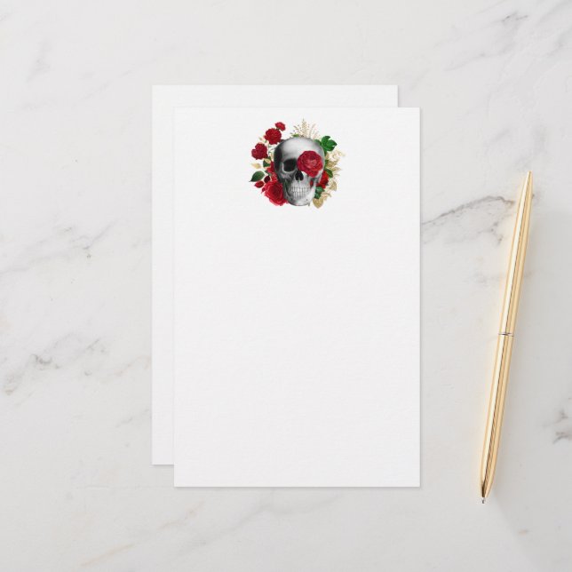 Goth Skull with Red Flowers & Gold Leaves Stationery (Front/Back In Situ)