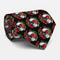 Goth Skull with Red Flowers & Gold Leaves